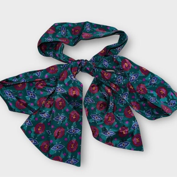 Vintage Purple and Teal Geometric Print Silk Pussybow Scarf, Hair band, Tie Belt